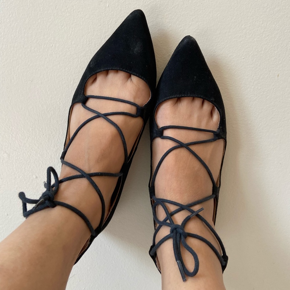 Lace-Up Pointed Toe Women's Flats - Black